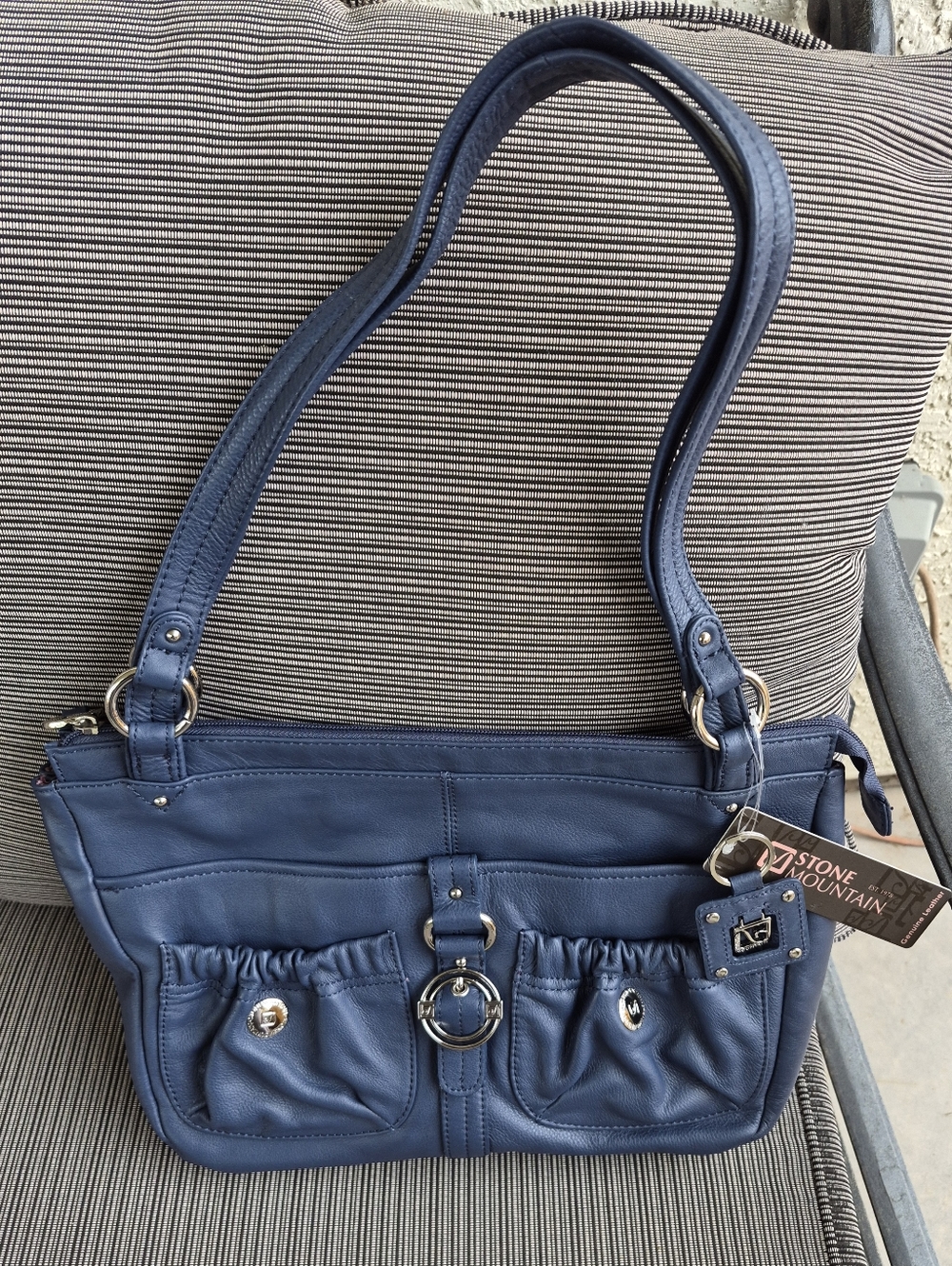 Vintage Stone Mountain Navy Leather Shoulder Bag with Silver-tone Accents NWT - Picture 9 of 11